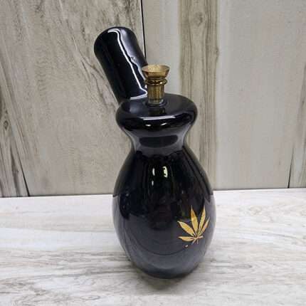 Black Glass with Gold Pot-Leaf Water-Pipe