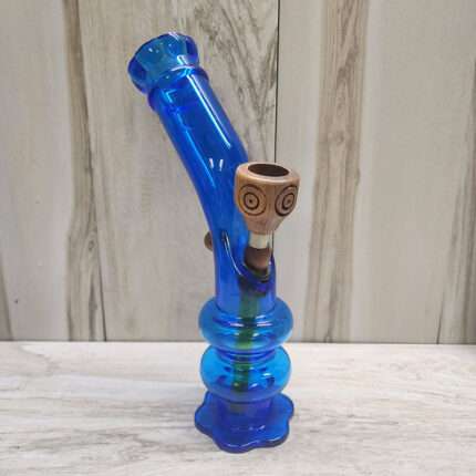 Clear Blue Glass with Wood Bowl Water-Pipe